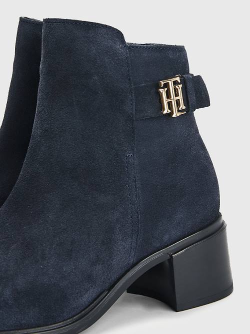 Blue Tommy Hilfiger Monogram Buckle Mid Heel Ankle Women's Boots | TH810KNU