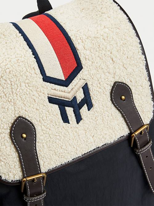 Blue Tommy Hilfiger Monogram Embroidery Sherpa Backpack Men's Bags | TH173MKL