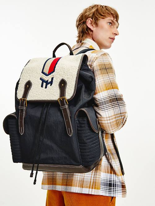 Blue Tommy Hilfiger Monogram Embroidery Sherpa Backpack Men's Bags | TH173MKL