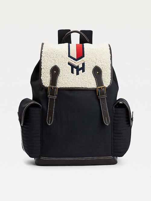 Blue Tommy Hilfiger Monogram Embroidery Sherpa Backpack Men\'s Bags | TH173MKL