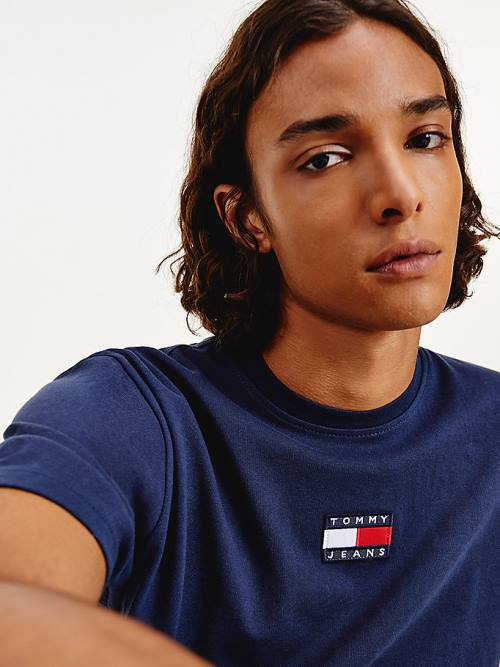 Blue Tommy Hilfiger Organic Cotton Badge Men's T Shirts | TH504BNV