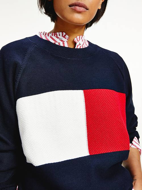 Blue Tommy Hilfiger Organic Cotton Colour-Blocked Flag Jumper Women's Sweaters | TH364WVO