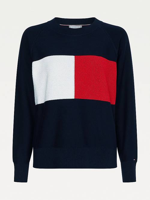 Blue Tommy Hilfiger Organic Cotton Colour-Blocked Flag Jumper Women's Sweaters | TH364WVO