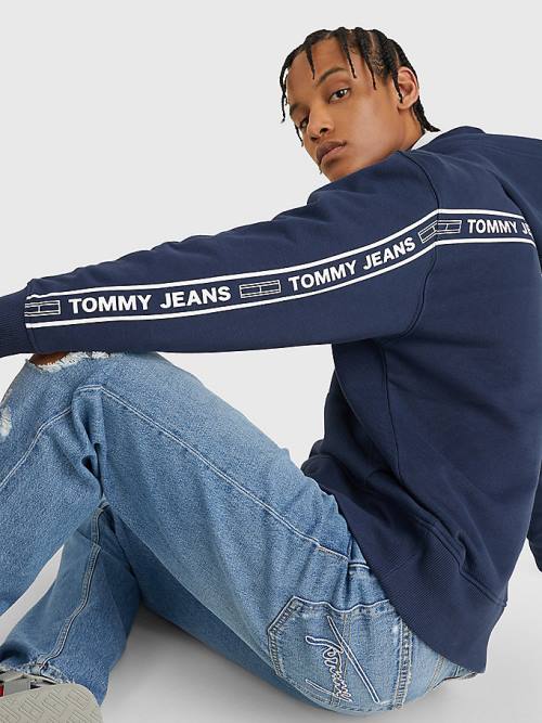 Blue Tommy Hilfiger Organic Cotton Logo Tape Men's Hoodie | TH348QFL