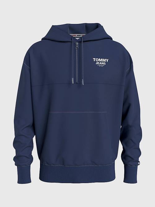 Blue Tommy Hilfiger Organic Cotton Logo Tape Men's Hoodie | TH348QFL