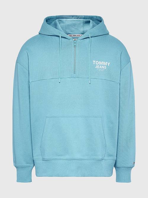 Blue Tommy Hilfiger Organic Cotton Logo Tape Men's Hoodie | TH752UNF