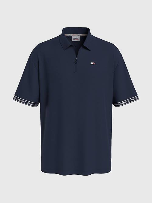 Blue Tommy Hilfiger Organic Cotton Logo Tape Men\'s Polo Shirts | TH783EYU