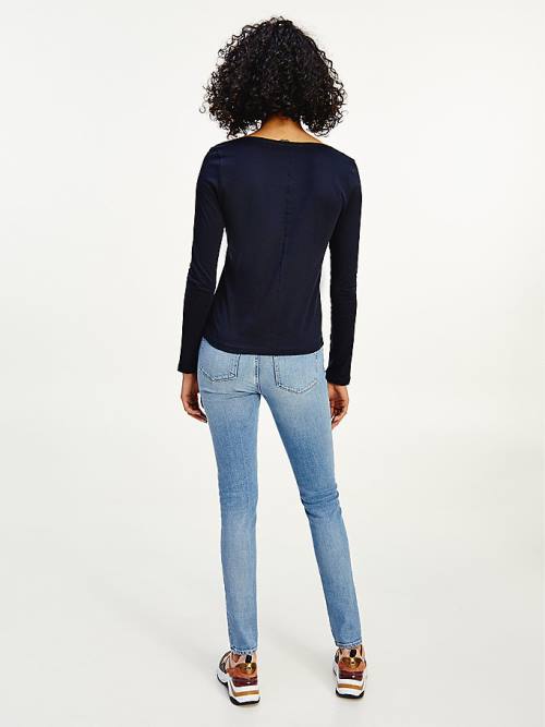 Blue Tommy Hilfiger Organic Cotton Long Sleeve V-Neck Women's T Shirts | TH820NFI