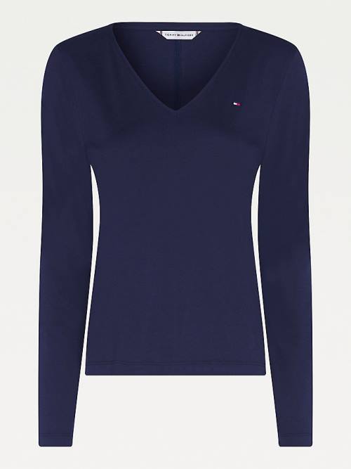 Blue Tommy Hilfiger Organic Cotton Long Sleeve V-Neck Women's T Shirts | TH820NFI