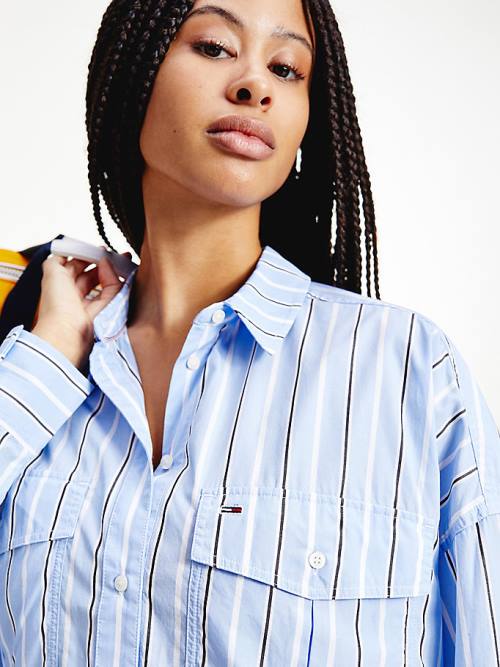 Blue Tommy Hilfiger Organic Cotton Oversized Stripe Women's Shirts | TH649QBY