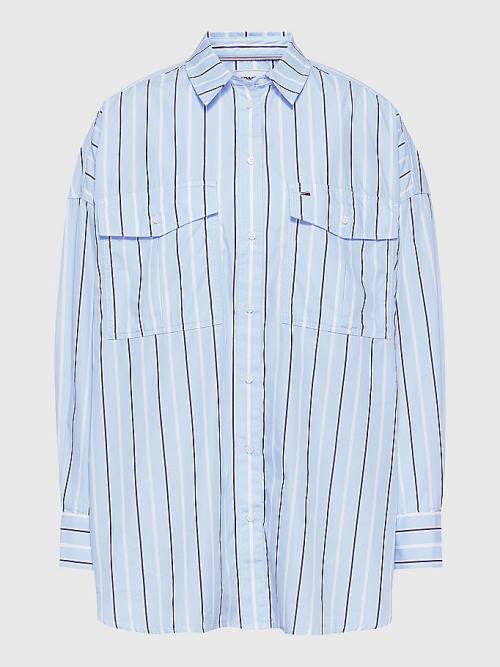 Blue Tommy Hilfiger Organic Cotton Oversized Stripe Women's Shirts | TH649QBY