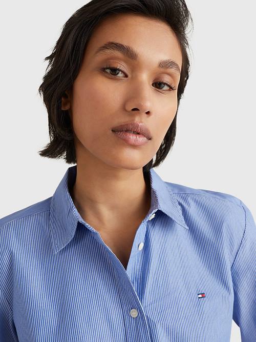 Blue Tommy Hilfiger Organic Cotton Regular Fit Stripe Women's Shirts | TH041BRK