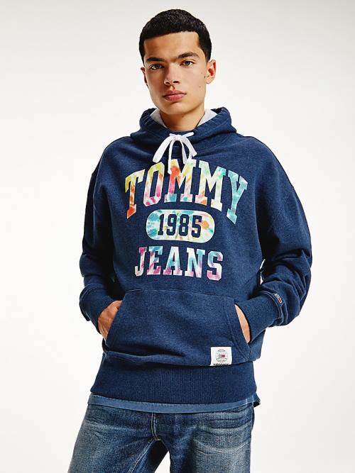 Blue Tommy Hilfiger Organic Cotton Relaxed Tie-Dye Logo Men\'s Hoodie | TH159QMC