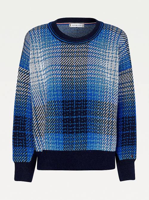 Blue Tommy Hilfiger Organic Cotton Shadow Check Jumper Women's Sweaters | TH641KHT