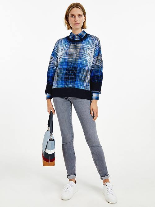 Blue Tommy Hilfiger Organic Cotton Shadow Check Jumper Women\'s Sweaters | TH641KHT