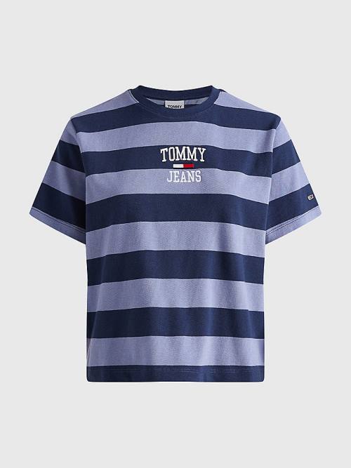 Blue Tommy Hilfiger Organic Cotton Stripe Logo Women's T Shirts | TH198VUO