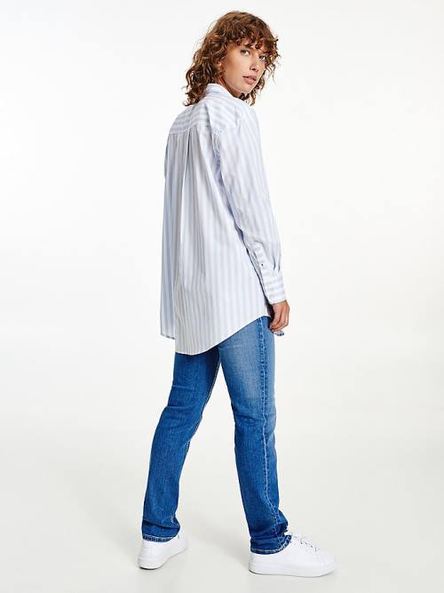 Blue Tommy Hilfiger Organic Cotton Stripe Boyfriend Women's Shirts | TH349REQ