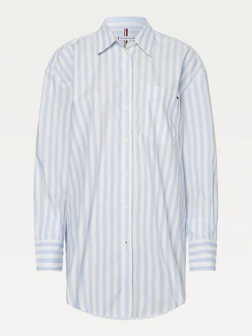 Blue Tommy Hilfiger Organic Cotton Stripe Boyfriend Women's Shirts | TH349REQ