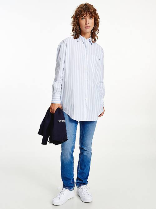 Blue Tommy Hilfiger Organic Cotton Stripe Boyfriend Women\'s Shirts | TH349REQ