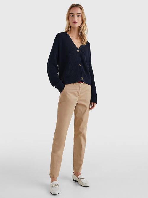 Blue Tommy Hilfiger Organic Cotton V-Neck Relaxed Fit Cardigan Women's Sweaters | TH138CHG