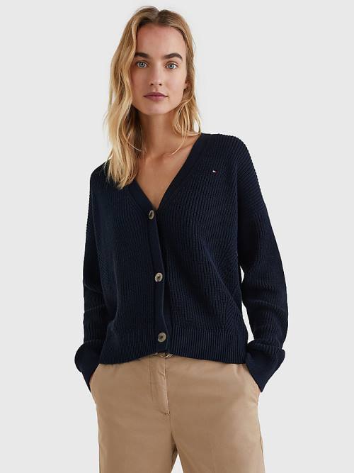 Blue Tommy Hilfiger Organic Cotton V-Neck Relaxed Fit Cardigan Women\'s Sweaters | TH138CHG