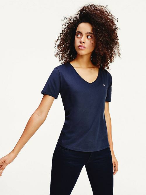 Blue Tommy Hilfiger Organic Cotton V-Neck Slim Fit Women's T Shirts | TH192PCG