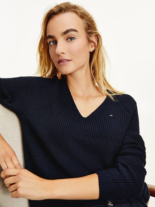 Blue Tommy Hilfiger Organic Cotton V-Neck Jumper Women's Sweaters | TH431BUR