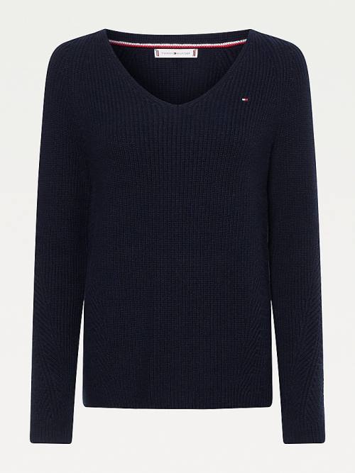 Blue Tommy Hilfiger Organic Cotton V-Neck Jumper Women's Sweaters | TH431BUR