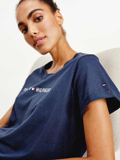 Blue Tommy Hilfiger Original Logo Turn-Back Cuff Women's T Shirts | TH893JNI