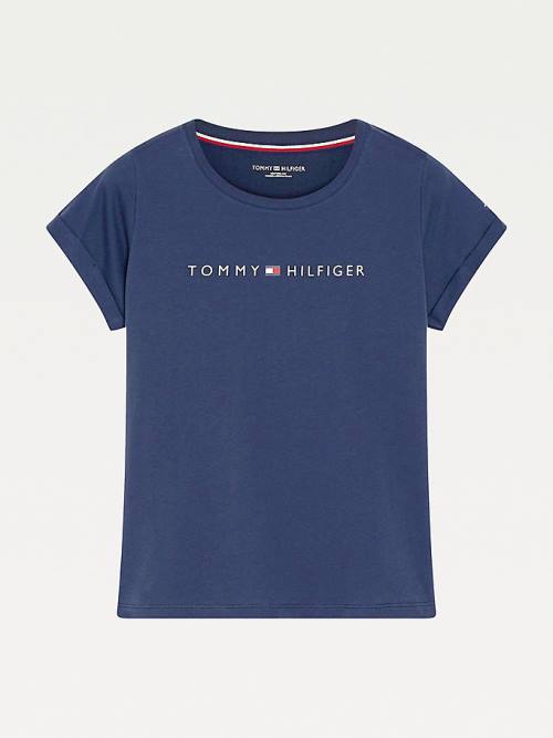 Blue Tommy Hilfiger Original Logo Turn-Back Cuff Women's T Shirts | TH893JNI