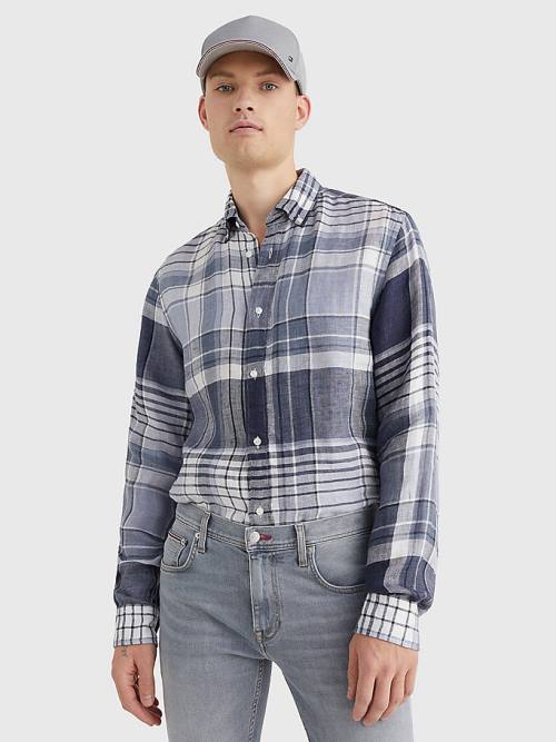 Blue Tommy Hilfiger Pigment Dyed Check Linen Men's Shirts | TH158OMI