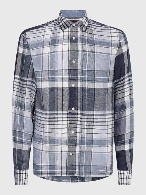 Blue Tommy Hilfiger Pigment Dyed Check Linen Men\'s Shirts | TH158OMI