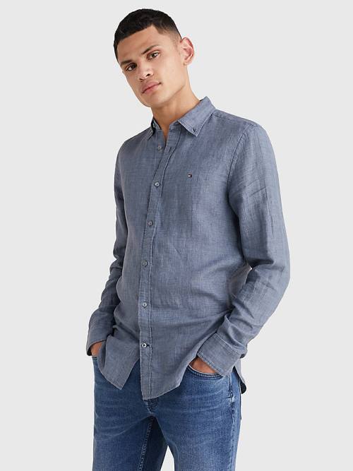 Blue Tommy Hilfiger Pigment Dyed Regular Fit Linen Men's Shirts | TH281FYP