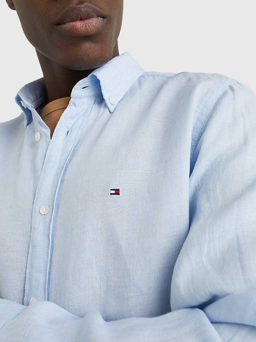 Blue Tommy Hilfiger Pigment Dyed Regular Fit Linen Men's Shirts | TH457CFP