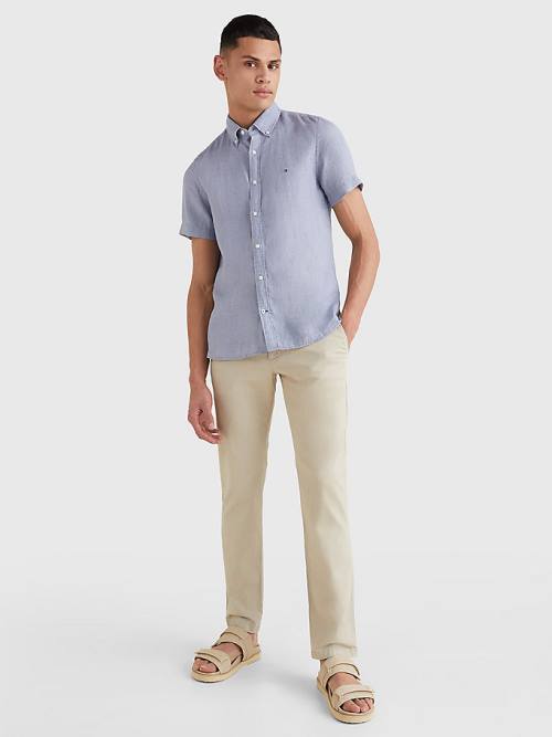 Blue Tommy Hilfiger Pigment-Dyed Short Sleeve Linen Men's Shirts | TH453PXT