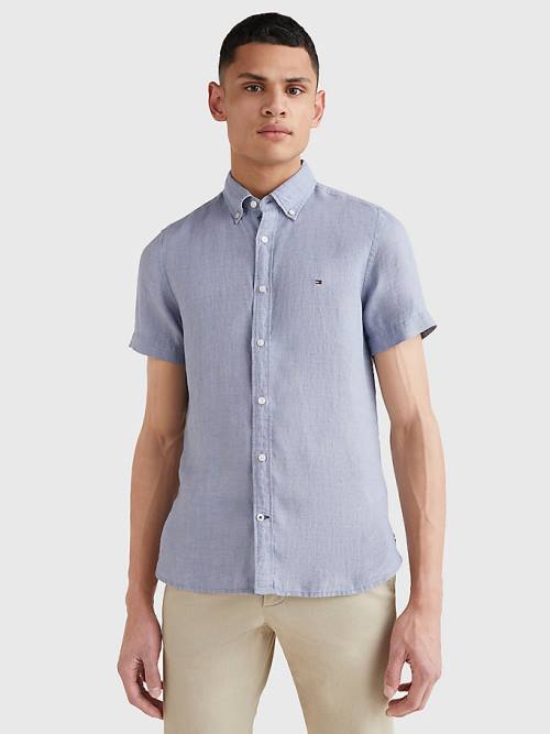 Blue Tommy Hilfiger Pigment-Dyed Short Sleeve Linen Men's Shirts | TH453PXT