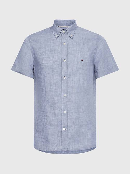 Blue Tommy Hilfiger Pigment-Dyed Short Sleeve Linen Men\'s Shirts | TH453PXT