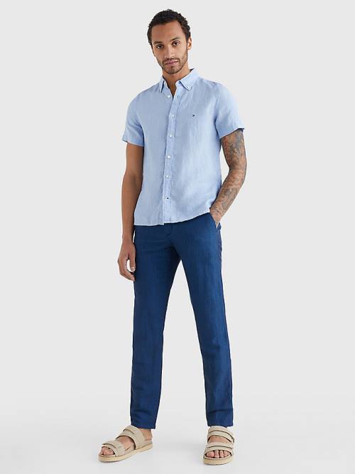 Blue Tommy Hilfiger Pigment-Dyed Short Sleeve Linen Men's Shirts | TH597RBH