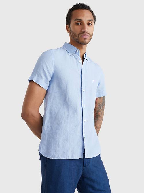 Blue Tommy Hilfiger Pigment-Dyed Short Sleeve Linen Men's Shirts | TH597RBH