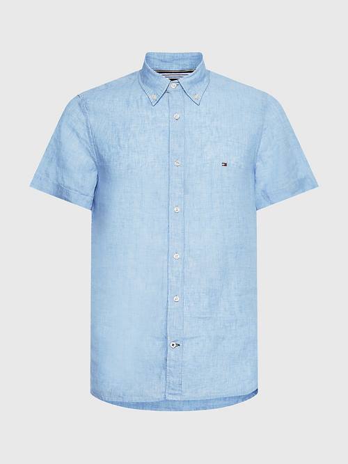 Blue Tommy Hilfiger Pigment-Dyed Short Sleeve Linen Men\'s Shirts | TH597RBH