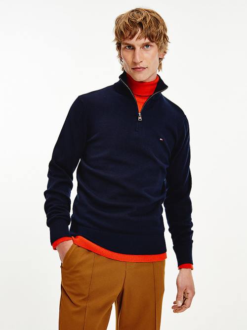 Blue Tommy Hilfiger Pima Cotton Cashmere Half Zip Jumper Men\'s Sweaters | TH183YTA