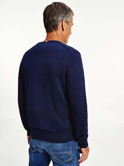 Blue Tommy Hilfiger Pima Cotton Cashmere V-Neck Jumper Men's Sweaters | TH964SCR