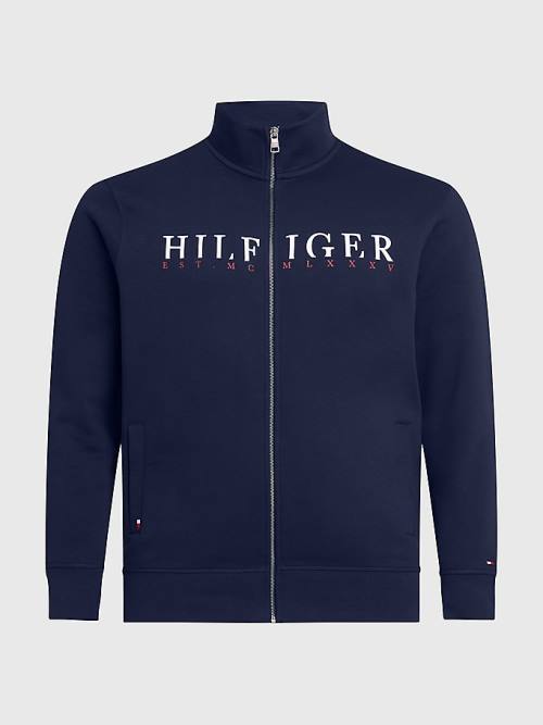 Blue Tommy Hilfiger Plus Flex Fleece Logo Zip-Thru Men's Sweatshirts | TH934NAI