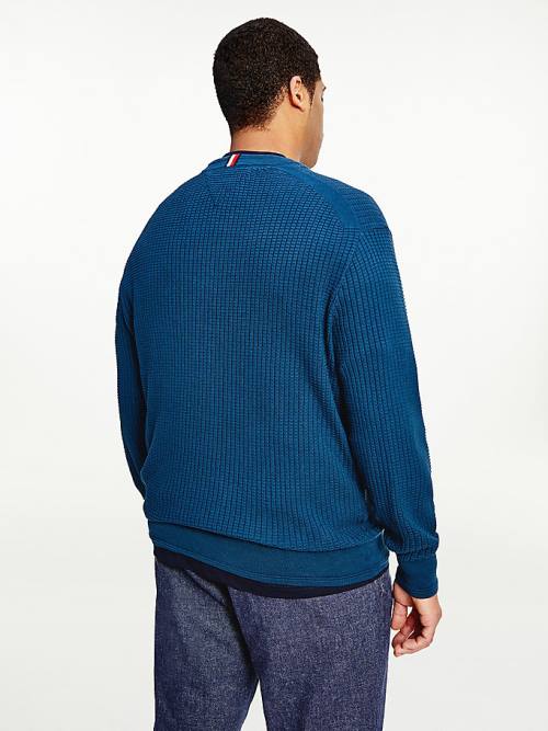 Blue Tommy Hilfiger Plus Knitted Grid Check Crew Neck Jumper Men's Sweaters | TH216EFT