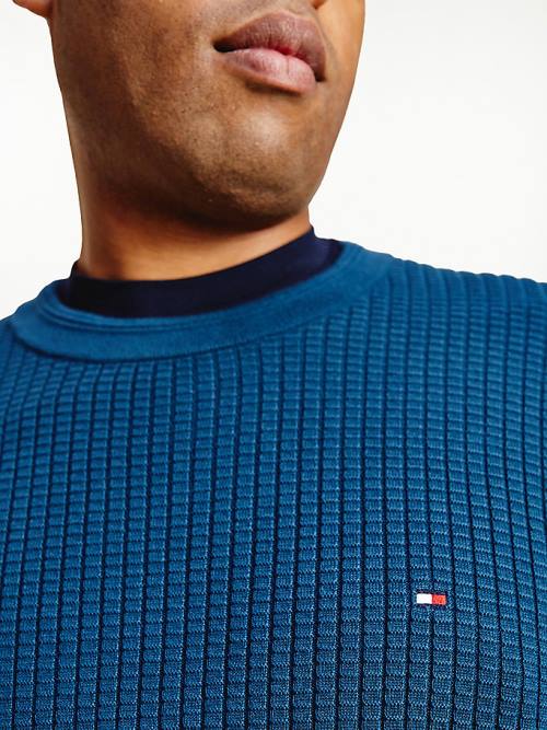 Blue Tommy Hilfiger Plus Knitted Grid Check Crew Neck Jumper Men's Sweaters | TH216EFT