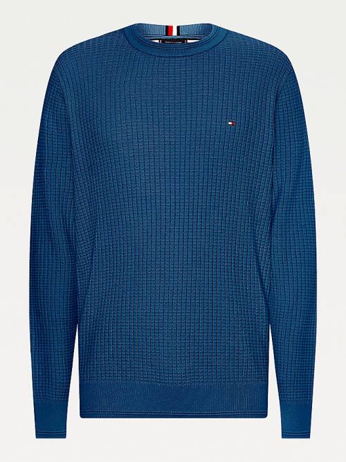 Blue Tommy Hilfiger Plus Knitted Grid Check Crew Neck Jumper Men's Sweaters | TH216EFT