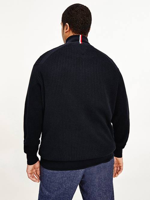 Blue Tommy Hilfiger Plus Knitted Grid Check Zip-Thru Jumper Men's Sweaters | TH862IZH