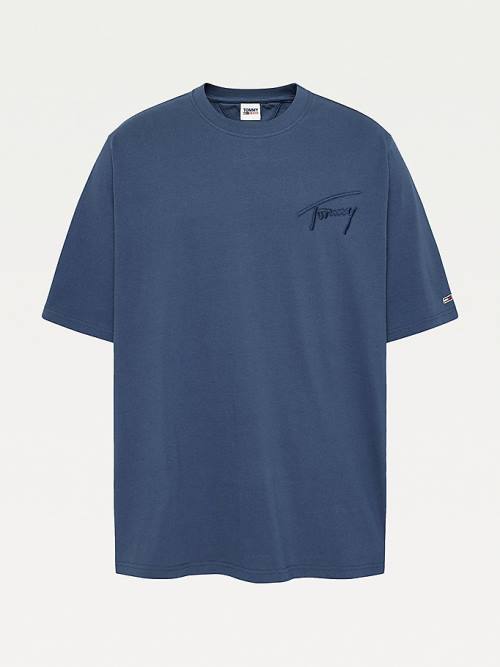 Blue Tommy Hilfiger Plus Signature Logo Recycled Cotton Men's T Shirts | TH031ENK