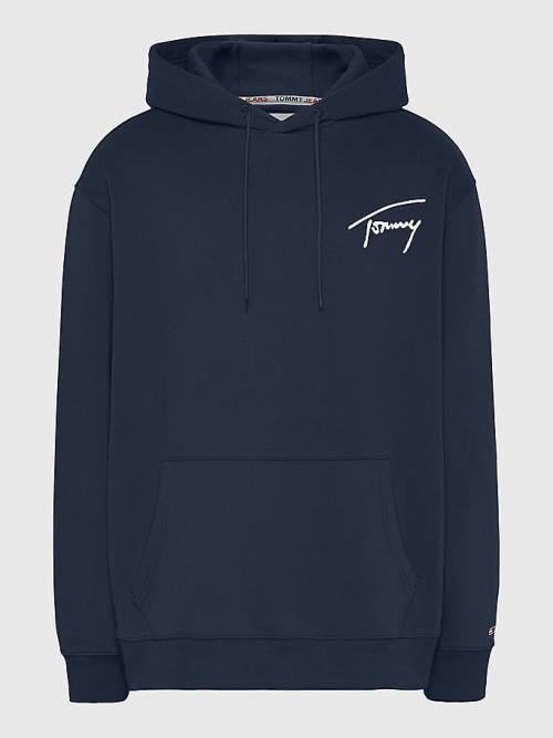 Blue Tommy Hilfiger Plus Signature Logo Relaxed Fit Men\'s Hoodie | TH320MKT