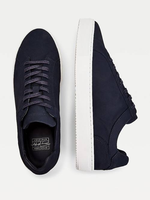 Blue Tommy Hilfiger Premium Nubuck Leather Cupsole Men's Sneakers | TH654RXJ